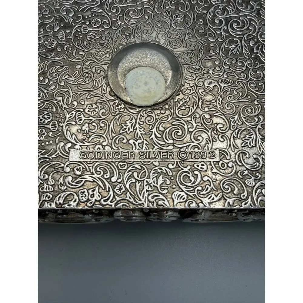 Godinger Silver 1992 Ornate Jewelry Trinket Box Velvet Lined Engraved 